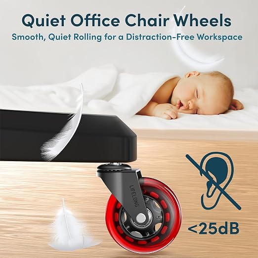 Lifelong Office Chair Wheels Replacement, Heavy Duty, Red, 5-Pack Fits 98% | Original Rubber Caster, Desk Wheels, Smooth & Quiet, Safe for Hardwood Floors & Carpet, Replace Office Chair Mats - Image 8