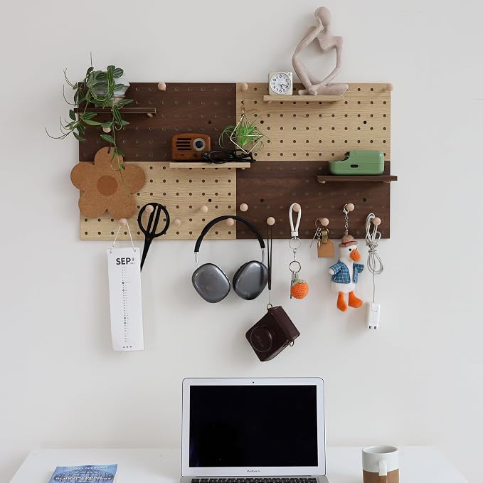 Wooden Pegboard Modular Display Organization Storage Wall Hooks Shelf (Two Colored Finish-B-4) - Image 2