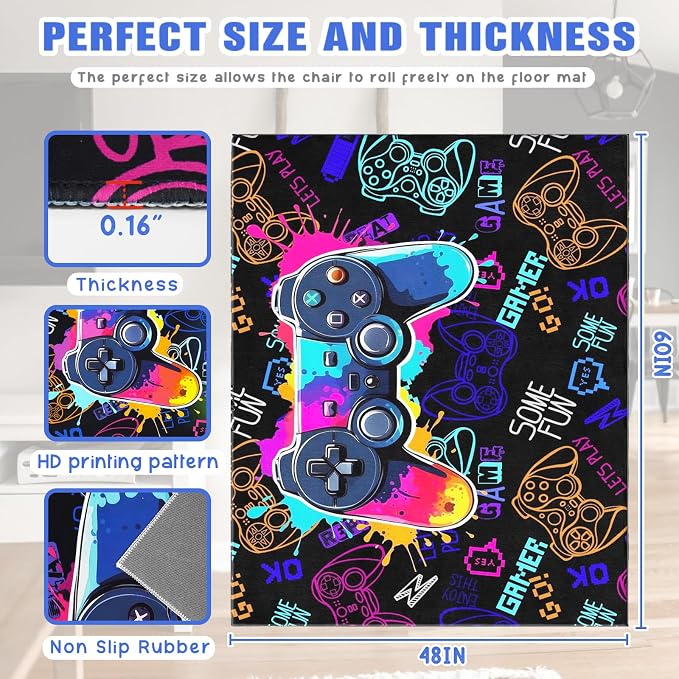 Gaming Chair Mat for Hardwood Floor 48"X 60" Heavy Duty Office Desk Chair Rug for Under Game Rolling Chairs Computer Decor Protect Mats Low Pile Non-Slip Rubber for Carpet & Tile Floor-Game - Image 3