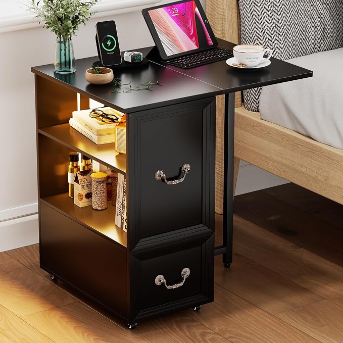 Dystler Rolling Side Table on Wheels, with Drawers & LED Lights Charging - Image 9