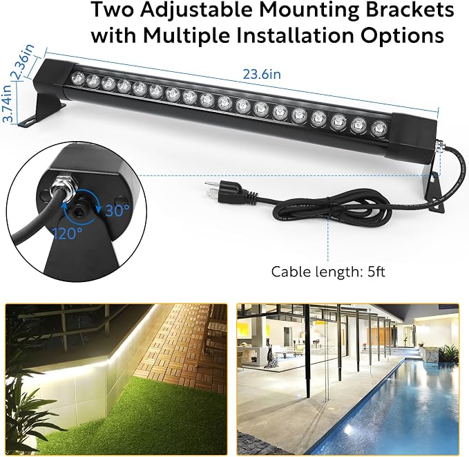 HNRLOY Outdoor Wall Washer Lights 2 Pack,36W 5000K Daylight White Wall Washer Lighting,2FT 120V LED Linear Wall Wash Light Bar for Garden,Backyards,Building,Courtyards Lighting - Image 5