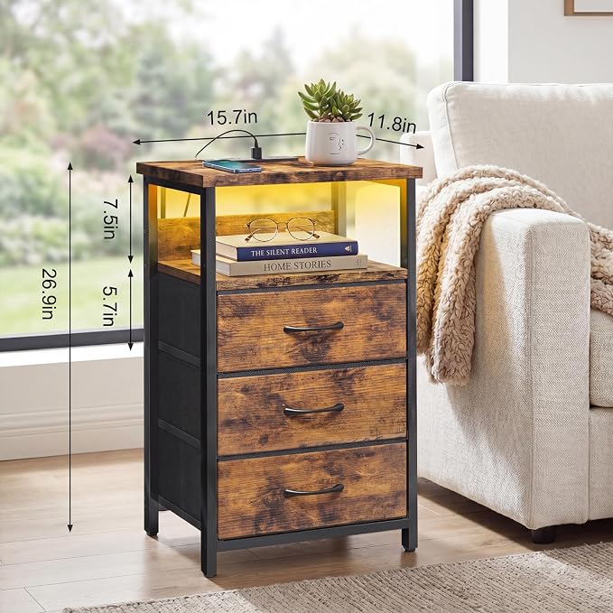 Fixwal Night Stand with 3 Fabric Drawers, Nightstand with Charging Station - Image 3