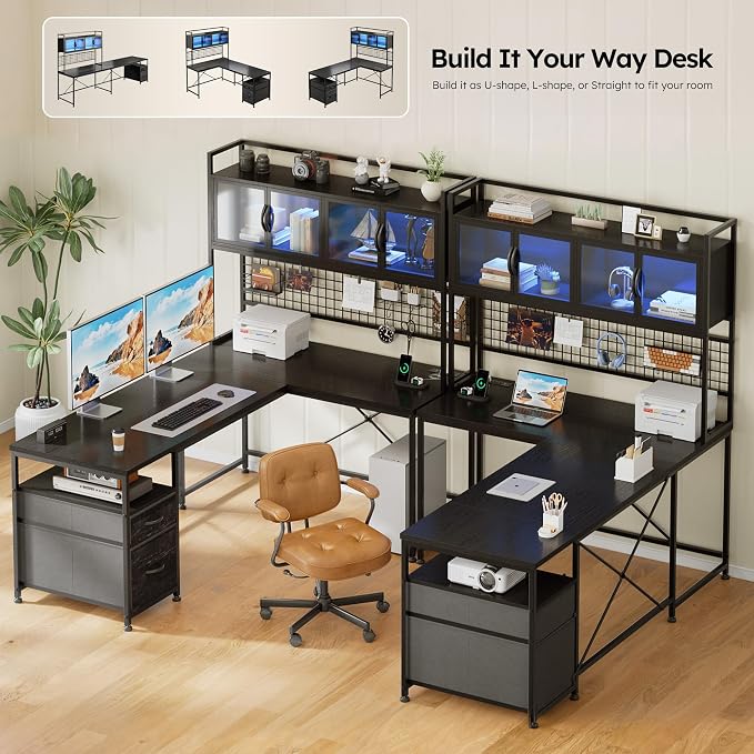DurayLoly 67" L Shaped Gaming Corner Desk with LED Light, Hutch,Black | Reversible Computer Desk with 2 Drawers,Storage Shelves,Pegboard with 3 Hooks,Power Outlet for Home Office,Bedroom - Image 6