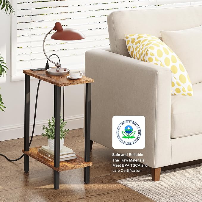 TUTOTAK Narrow Side Table, 2-Tier Small End Table with Charging Station - Image 4