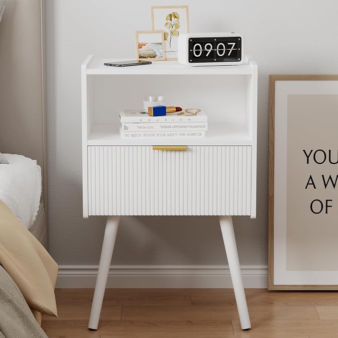 JOONEE White Nightstand,Modern Bedside Table with Storage Drawer and Open Wood Shelf, for Living Room, Bedroom and Small Spaces, Accent Night Stand with Solid Wood Legs, Easy Assembly,Classic White - Image 8