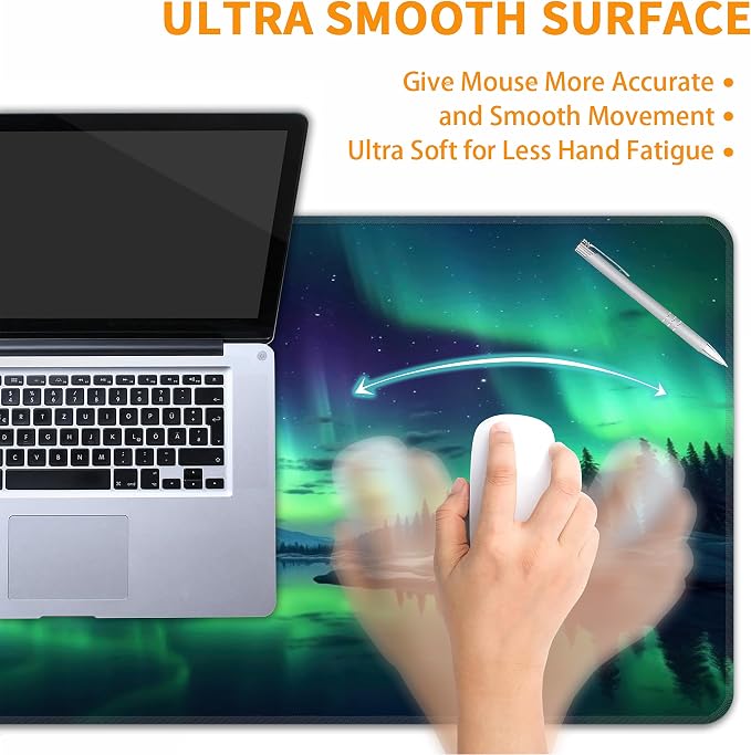 Green Aurora Desk Mat, XXL 35.4"x15.7" Large Mouse Pad, Aesthetic Extended Gaming Mouse Mat,Non-Slip Rubber Base Waterproof with Stitched Edges for Gaming Office Home Decor - Image 5