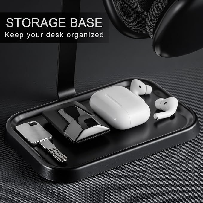 Dual Headphone Stand, Double Balanced Headset Stand with Storage Tray, Heavy Base Gaming Headset Holder for Desk (Black) - Image 5