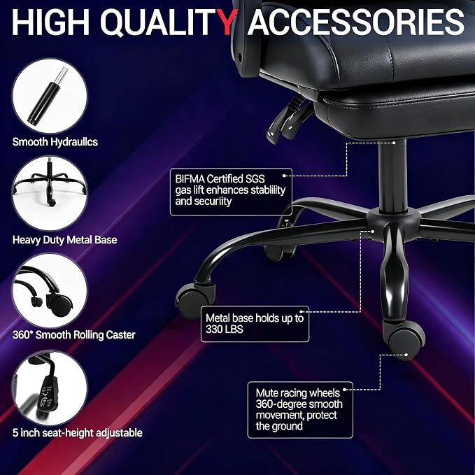 Gaming Chair with Footrest for Adults, PU Leather Massage Racing Video Game Chair with Lumbar Support for Men Women, Ergonomic Computer Chair for Home Office, Height Adjustable, Black - Image 8