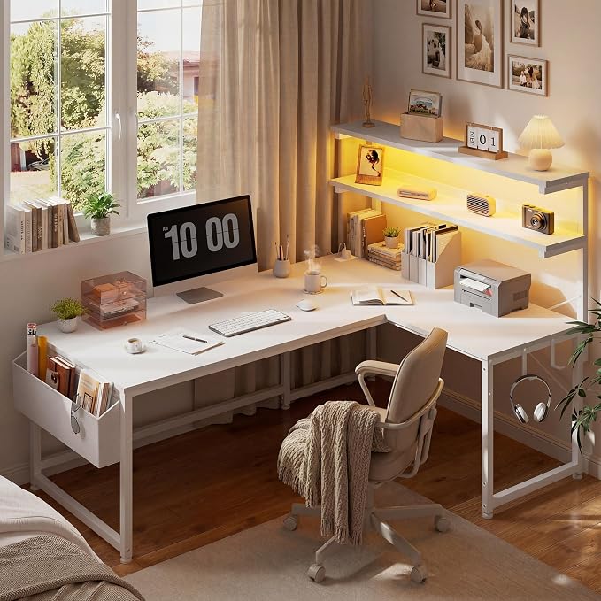 DurayLoly 53"White L Shaped Desk with LED Light & 5 Power Outlet for Gaming - Image 2