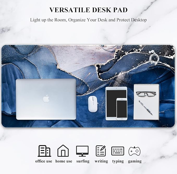 Auhoahsil Large Mouse Pad, XXL Desk Pad, Extened 35" x 15", Non-Slip Rubber Base, Stitched Edges, Superior Surface, Waterproof Keyboard Mat, Large Mousepad for Gamer, Office & Home, Ink Navy Marble - Image 7