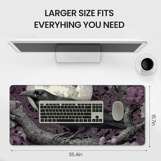 XXL Gaming Mouse Pad, Gothic Raven Moon Design with Purple Floral, 35.4 x 15.7 Inches, Non-Slip Rubber Base, Waterproof Surface，A Keyboard and Mouse Accessory Suitable for Home Gaming and Work. - Image 6