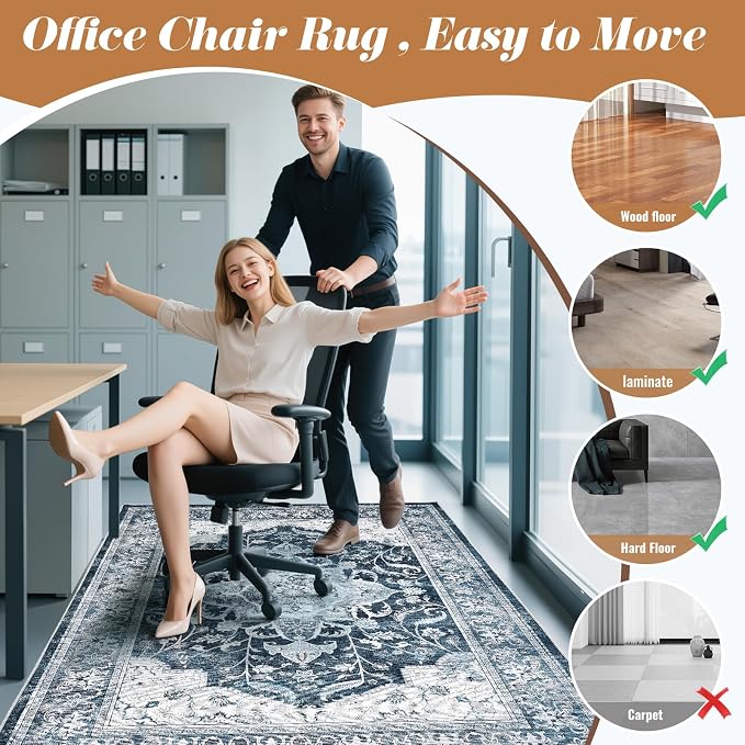 Office Chair Mat for Hardwood Tile Floor, 48"x60"Anti-Slip Under Desk Carpet Protector for Rolling Computer Chair Mat, Machine Washable Office Area Carpet (Chenille,Blue) - Image 2