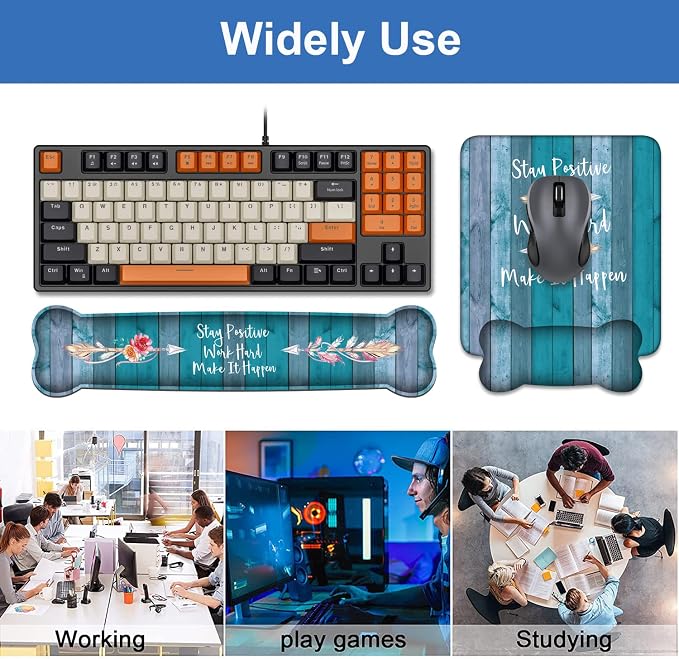 Keyboard Wrist Rest and Mouse Pad Wrist Support Set, Inspirational Quote Stay Positive Work Hard and Make It Happen Non-Slip Rubber PU Base for Home Office Working Studying Easy Typing & Pain Relief - Image 8
