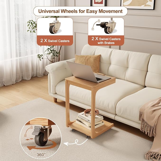 AQIMUELE Wooden C-Shaped End Table,Couch Table with Adjustable Desktop,Small Rolling Side Table with 2 Lockable Wheels,Small End Table for Couch, Living Room,Bedroom (Natural) - Image 3