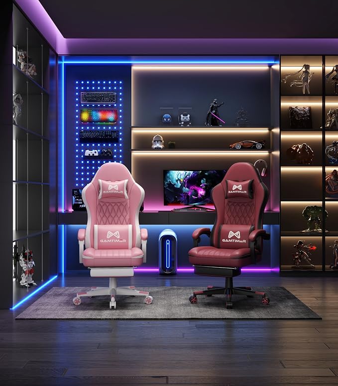 Gamtimer Gaming Chair with Footrest, Ergonomic Computer Chair, PU Breathable Material with Headrest and Lumbar Support, Suitable for Silla Gamer and Adults(Pink) - Image 2
