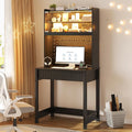 Lvifur LED Writing Desk with Hutch and Pegboard and Power Outlet (Black) | Compact Study Desk with Display Shelf, 3 Color Lights, Adjustable Brightness, USB/Type-C&2 AC Outlets, Drawer wtih Metal Rail by LVifurSmartFurniture