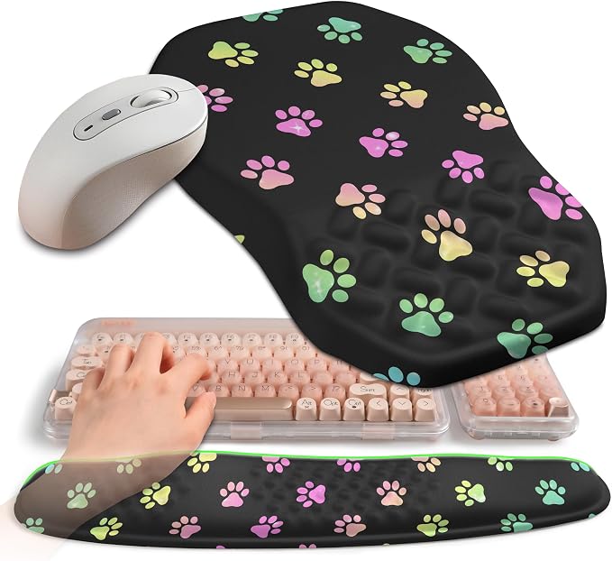 2-in-1 Ergonomic Set, Wave Keyboard Wrist Rest and Massage Slope Mouse Pad Wrist Support, Rebound Memory Foam for Relieve Carpal Tunnel Syndrome and Wrist Pain (Cute Cat Claws) by Gleamtide