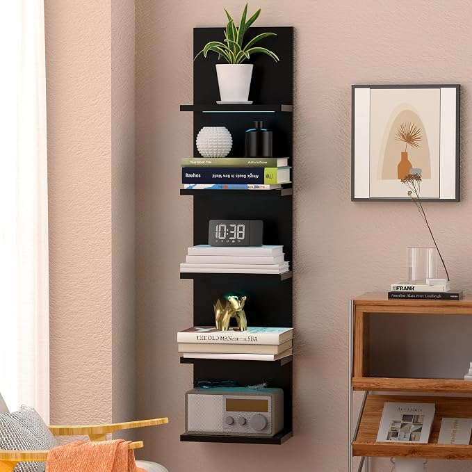 VIWODS 5-Tier Wall Shelf Unit with Light, Black by VIWODS