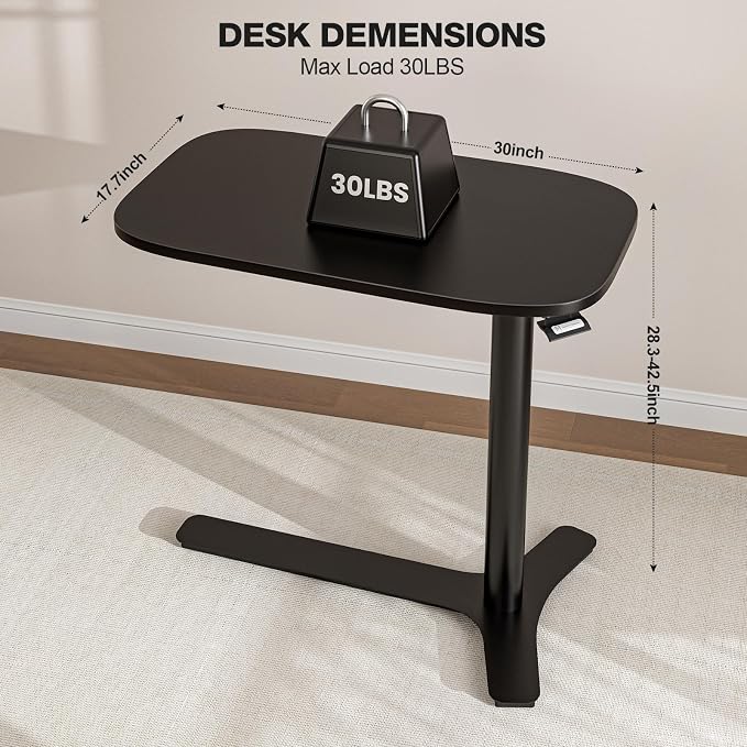 Muvai Overbed Bedside Table with Hidden Casters,30 Inches Adjustable Height Pneumatic Mobile Laptop Standing Desk, Rolling Computer Table for Home & Hospital Use ，Black 30" W x 17.7" D - Image 3