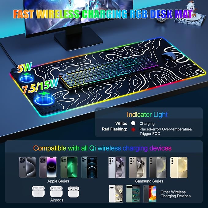Mouse Pad with Phone Holder, Wireless Charging Desk Mat, RGB Gaming Mousepad Home Office Large Desk Pad with Ultra-Smooth Surface, Non-Slip Base, Waterproof Keyboard Pad,Topographic Black - Image 2