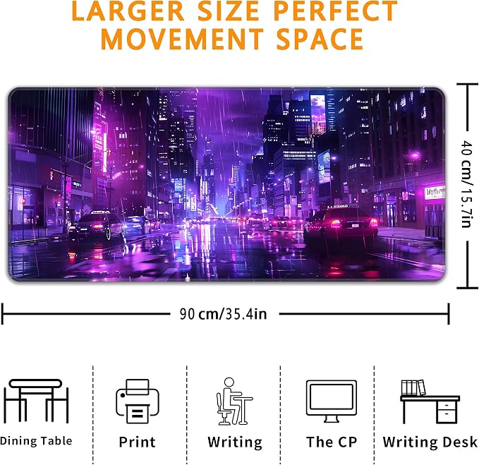 Cyberpunk Desk Mat, XXL 35.4"x15.7" Large Mouse Pad, Japanese Streets Extended Gaming Mouse Mat,Non-Slip Rubber Base Waterproof with Stitched Edges for Gaming Office Home Decor - Image 3