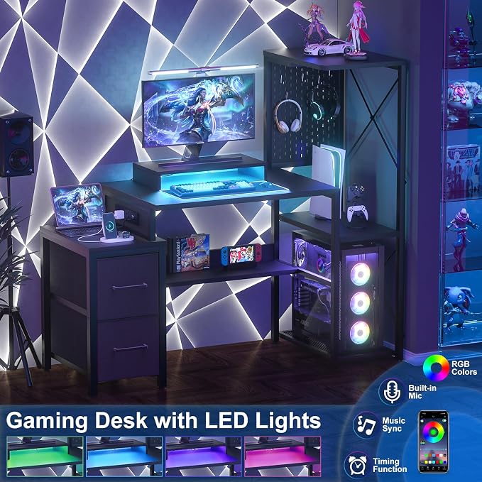 Small Gaming Desk with 2 Fabric Drawers - Reversible Computer Desk with Power Outlet & LED Lights, 49" Office Desk with Monitor Stand & Storage Shelves, Writing Study Table with Pegboard, Black - Image 5