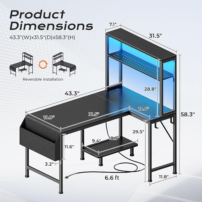 PRAISUN L Shaped Gaming Desk with LED Lights & Power Outlets | Reversible Computer Desk with Storage Shelves & Bag, Small Corner Home Office Desk with Pegboard for Work from Home, Black - Image 2