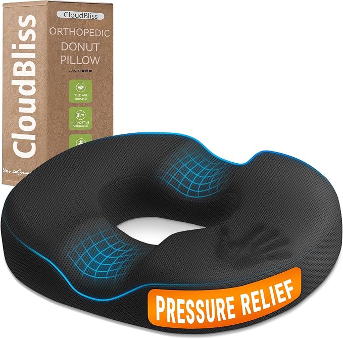 CloudBliss Donut Pillow Stadium Seat Cushion for Tailbone Pain Relief and Hemorrhoids, Memory Foam Seat Chair Cushion, Portable Seat Cushions for Bleachers, Car, Home & Office by CloudBliss