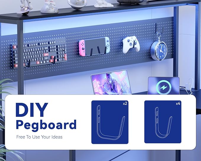 Pamray 60 Inch L Shaped Gaming Desk with Shelves and Storage | With Pegboard LED Lights Power Outlets, Reversible, Suitable for Home Office Bedroom Living Room Dorms Apartments - Image 5