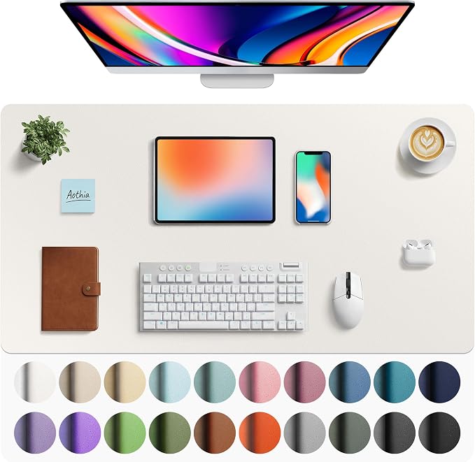 Aothia Faux Leather Desk Mat - Large Mouse Pad, Non-Slip PU Leather Blotter, Waterproof Writing Surface for Office and Home (Off-White, 40" x 24") by AothiaSimpleNaturalUnique