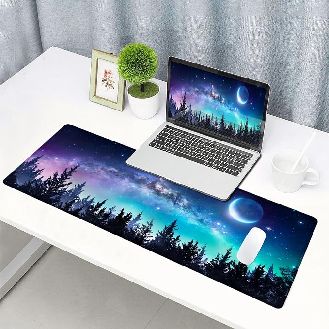 Gaming Large Mouse Pad with Stitched Edges, Galaxy Desk Mat, Extended Keyboard Pad, Non-Slip Rubber Base Desk Pad for Keyboard and Mouse, 31.5X11.8 inch, Moon Starry Sky - Image 6