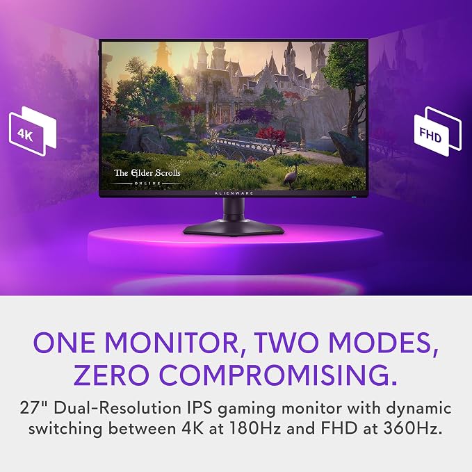 Alienware 27 4K Dual-Resolution Gaming Monitor - AW2725QF - 4K at 180Hz and FHD at 360Hz, 0.5ms GTG 1ms GTG (Extreme Mode), VESA AdaptiveSync, NVIDIA G-SYNC Compatible, HDMI/DP/USB 3.2 Gen1 - Black - Image 2