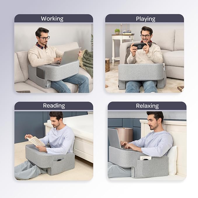 Lavish Home Reading Pillow for Gaming - Lap Desk Pillow with Arm Rests, Storage Pockets, and Removable Washable Cover - Laptop Pillow for Reading, Gaming, Studying, and Working (Gray) - Image 6