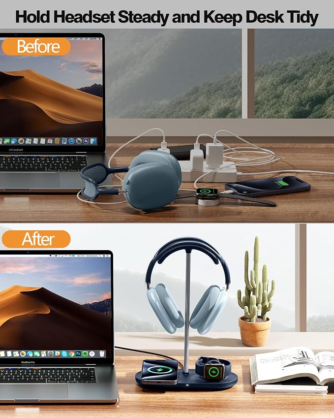 HiWe Headphone Stand, 2-in-1 MagSafe Wireless Charger for iPhone/iWatch | Headset Holder for All Headphones, Aluminum Alloy Bar, ABS Solid Base, PU Headrest, Table Desk Organizer - Image 5