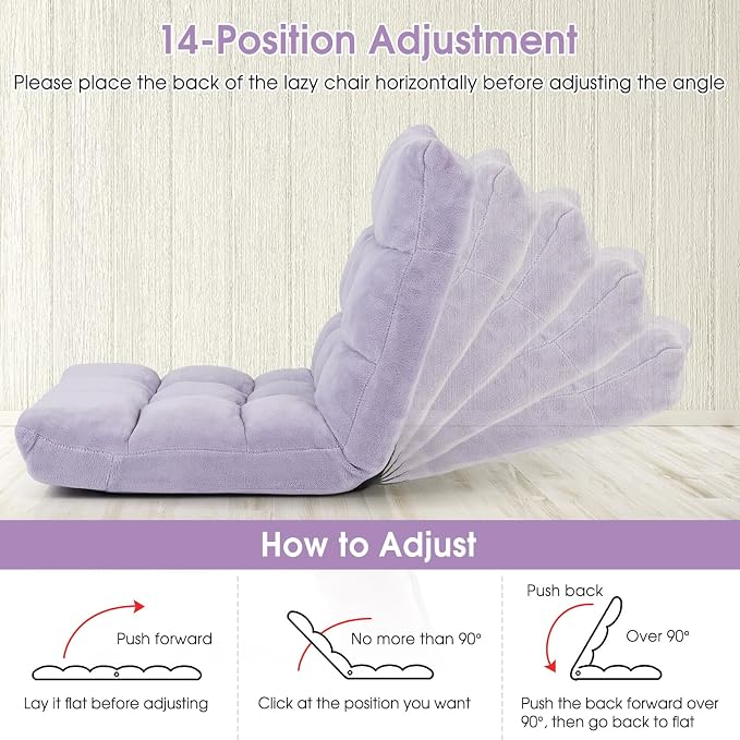 Floor Chair with Back Support, 14-Position Lazy Sofa Chair with Soft Coral Fleece, Folding Floor Gaming Chair, Couch Recliner, Floor Seat for Reading, Meditating, Yoga, Gaming (Light Purple) - Image 4