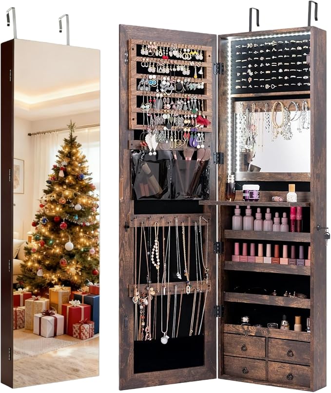 LDAILY 47” LED Jewelry Armoire, Door/Wall Mounted Mirror with Storage, 4 Shelves & Drawers, Full Length Mirror & Flip-up Makeup Tray, Lockable Jewelry Organizer Cabinet for Women & Girls(Rustic Brown) by LDAILY