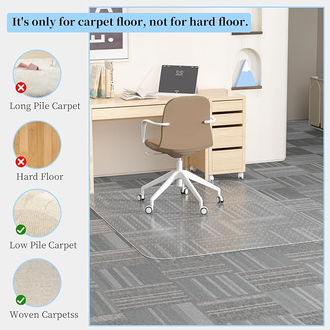 Tonaus Office Chair Mat for Carpet 36"x48" for Low Pile Carpets, Rectangle | Non-Slip Studded,2.2MM Thick Carpet Chair Mat，Transparent PVC Computer Chair Mat, Easy Glide, Scratch-Resistant - Image 3
