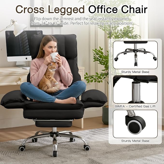 JOMEED Cloud Cross Legged Office Chair with Footrest and Flip Armrest,Black | Ergonomic Leather Big and Tall Executive Chair with Wheels,155° Reclining Computer Wide Desk Chair for Home,Office - Image 5
