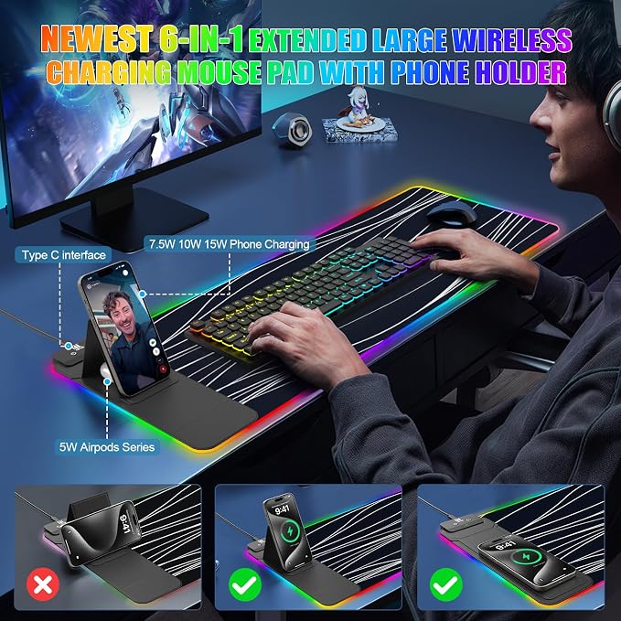 Mouse Pad with Foldable Phone Holder & Wireless Charger, XL RGB Gaming Mousepad 31.5"x11.8" Large Desk Mat for Keyboard, Home Desk Pad with Dual Qi Charging Station | 11 Colors & 5 Modes | Waterproof - Image 3