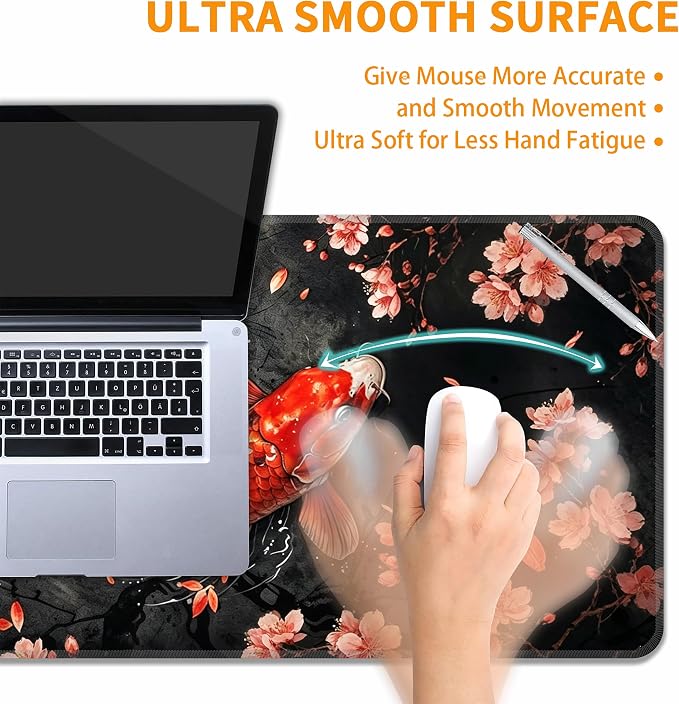 Koi Fish Desk Mat, XL 31.5"x11.8" Large Mouse Pad, Japanese Cherry Blossoms Extended Gaming Mouse Mat,Non-Slip Rubber Base Waterproof with Stitched Edges for Gaming Office Home Decor - Image 5