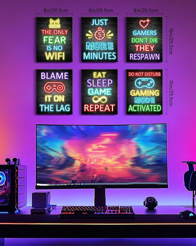 KUVIOKE Video Gamer Room Decor for Teen Boys Gaming Wall Art Gamer Neon Sign Teenage Bedroom Decor Ready to Hang Set of 6, 8x10in (Framed) - Image 2