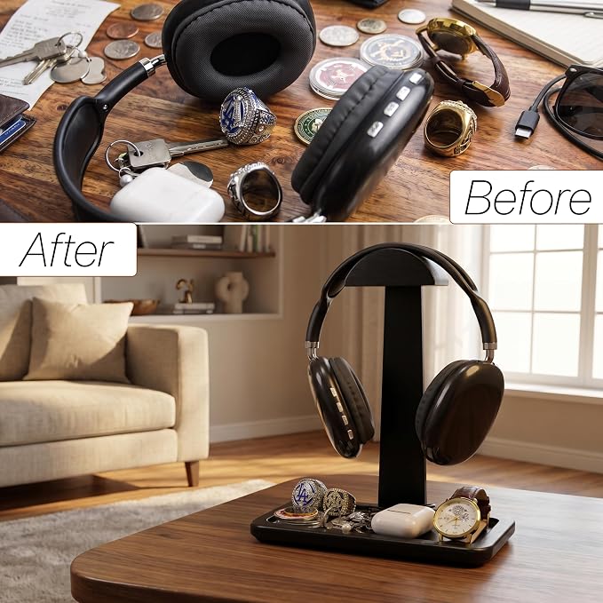 Gift for Men Headphone Stand with Storage Base, Stylish Headset Holder Gamer Gifts for Gaming & Desk to Keep Accessories Organized, Unique Gifts for Teenage Boy Brother on Birthday (Black Wood) - Image 2