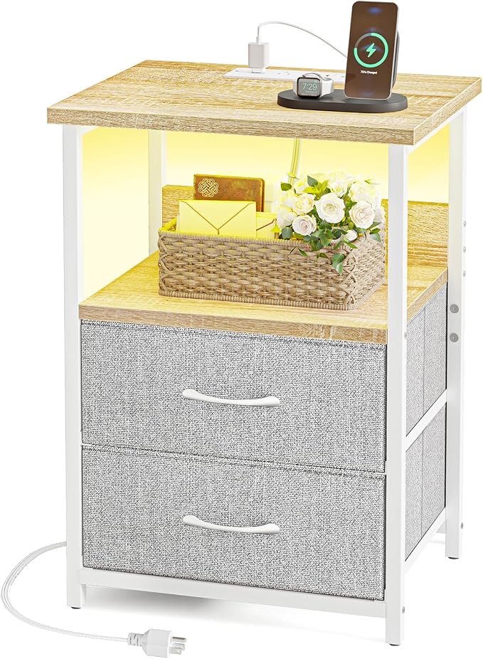 Fixwal Night Stand with Charging Station, Led Nightstand, 2 Fabric Drawers - Image 7