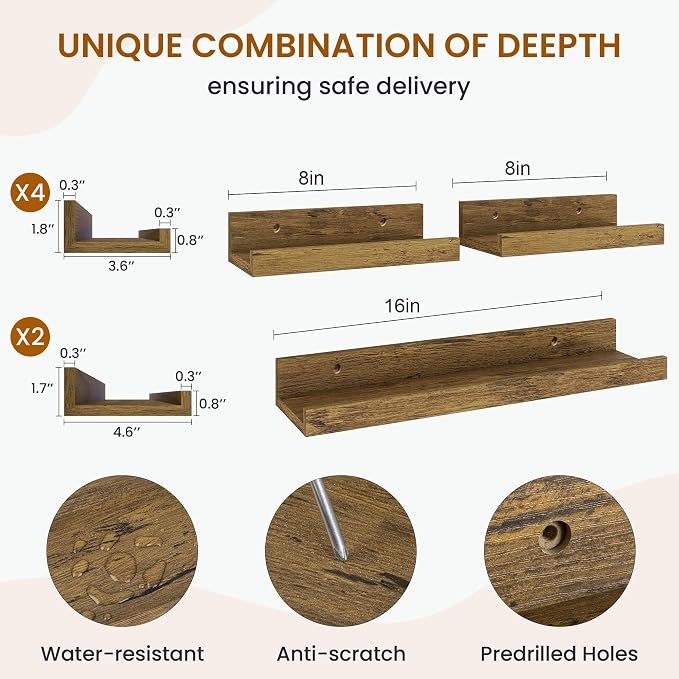 Picture Ledge Shelf, Floating Shelves for Wall Decor, Brown, Set of 6, 16'' - Image 3
