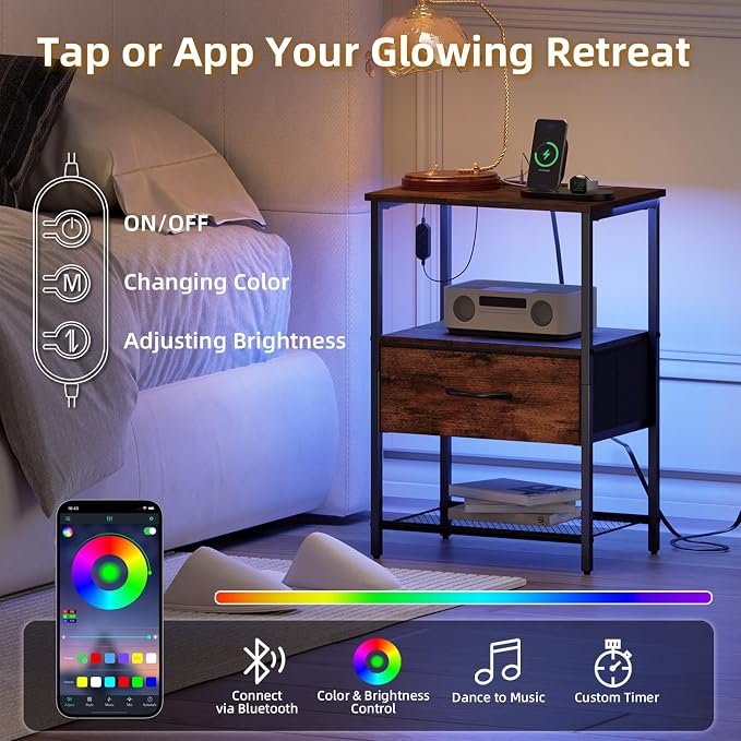 Somdot Nightstand with Charging Station & LED Light, Bedroom Bedside Table - Image 4