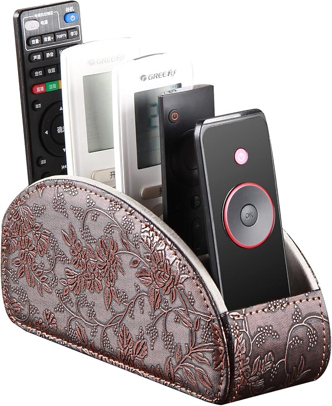 Leather Remote Control Holder,Universal TV Remote Organizer with 5 Compartments,Desktop or Bedside Table Organizer for DVD,Blu-Ray,Gaming and Streaming Remotes,Glasses and Accessories(Antique) by Arniche