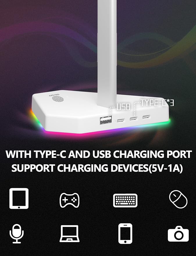 RGB Headphone Stand with 2 USB-C Charging Port and 1 USB Charging Port, Desk Gaming Headset Holder with 7 Light Modes and Non-Slip Rubber Base Suitable for All Earphone Accessories (White) - Image 2