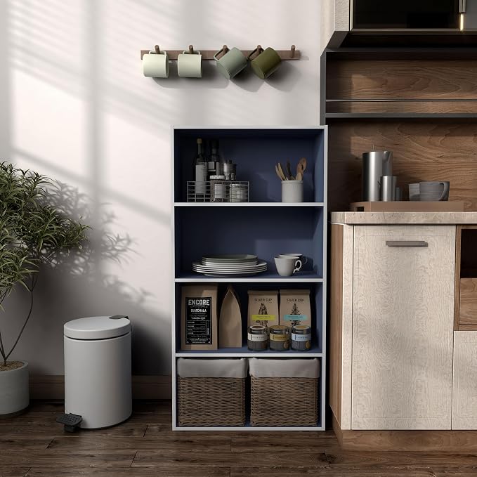 Homes: Inside + Out Apexa 4-Tier Cube Storage Organizer Shelves, Stackable Wood Bookcase Fits Cubby Bins for Organization, Dorm Teen Room Decor & Home Office, Steel Blue - Image 2