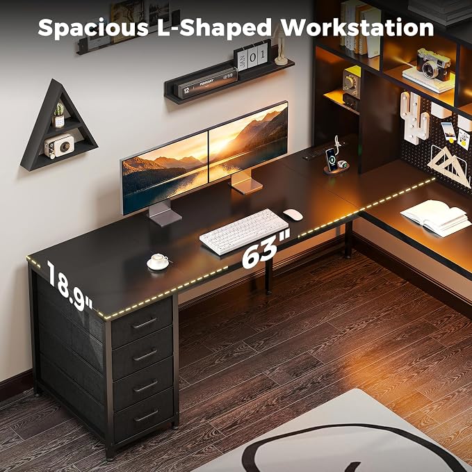 AODK 63" L Shaped Desk for Gaming and Working，Black | PC Desk with Hutch, Pegboard & Shelves, 4 Drawers, Integrated LED Light Strip & Power Outlets, Reversible - Image 9