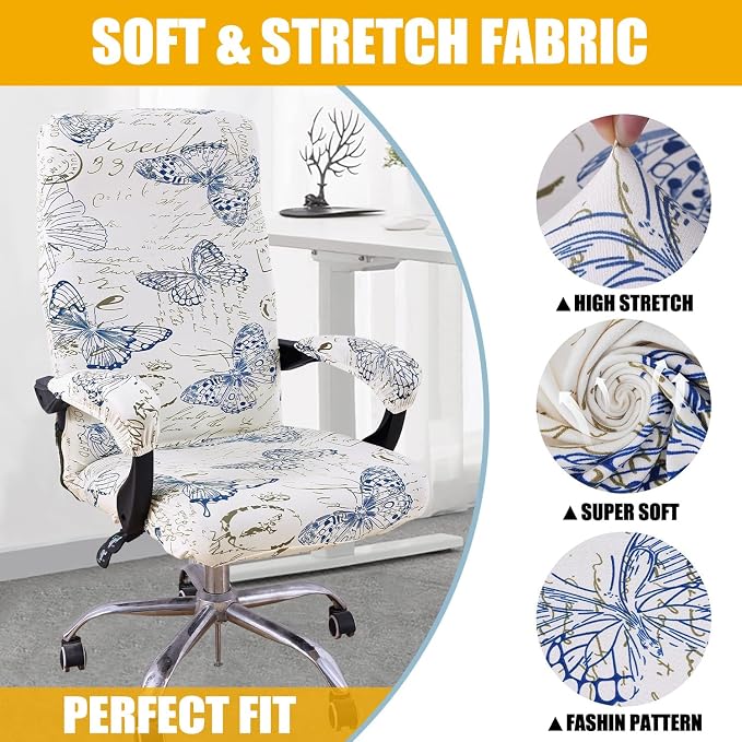 Smiry Office Computer Chair Cover with Armrest Covers, White | Stretch Printed Universal Removable Washable Desk Rotating Chair Slipcovers, Soft Anti-Dust Spandex Protector with Zipper - Image 3